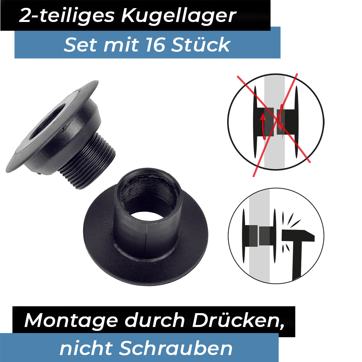 Bandito  - Kugellager Universal für 16 mm Kickerstange Seitenwände 37 - 43 mm Tischset (16 St.)